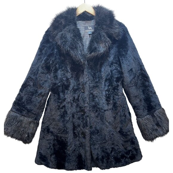 Blanc Noir Outerwear Women's Fur Coat Fox Fur Collar Cuffs Sz L Blue Y2K - Picture 1 of 14